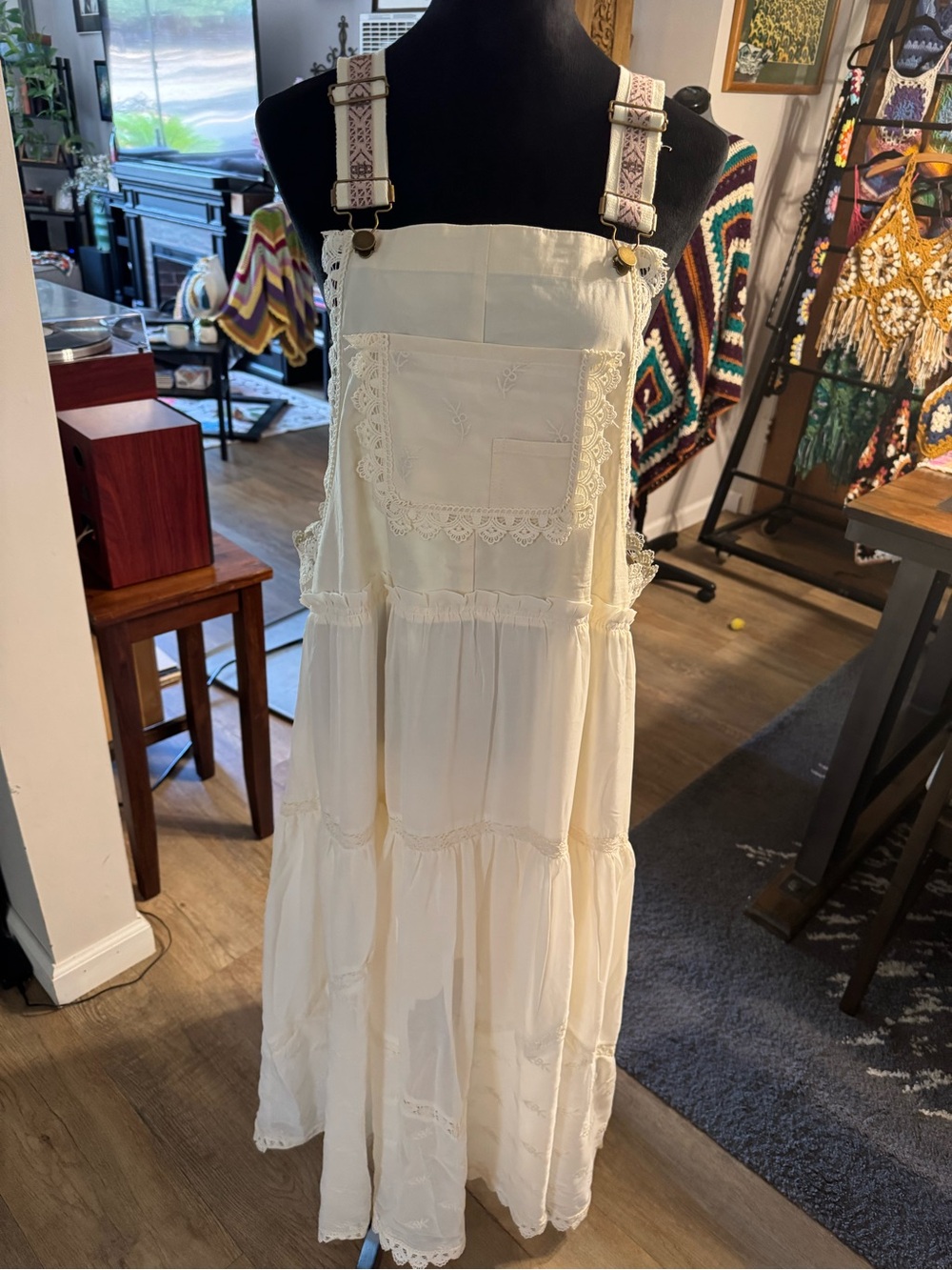 Boho Lace-Trim Cream Maxi Pinafore Dress